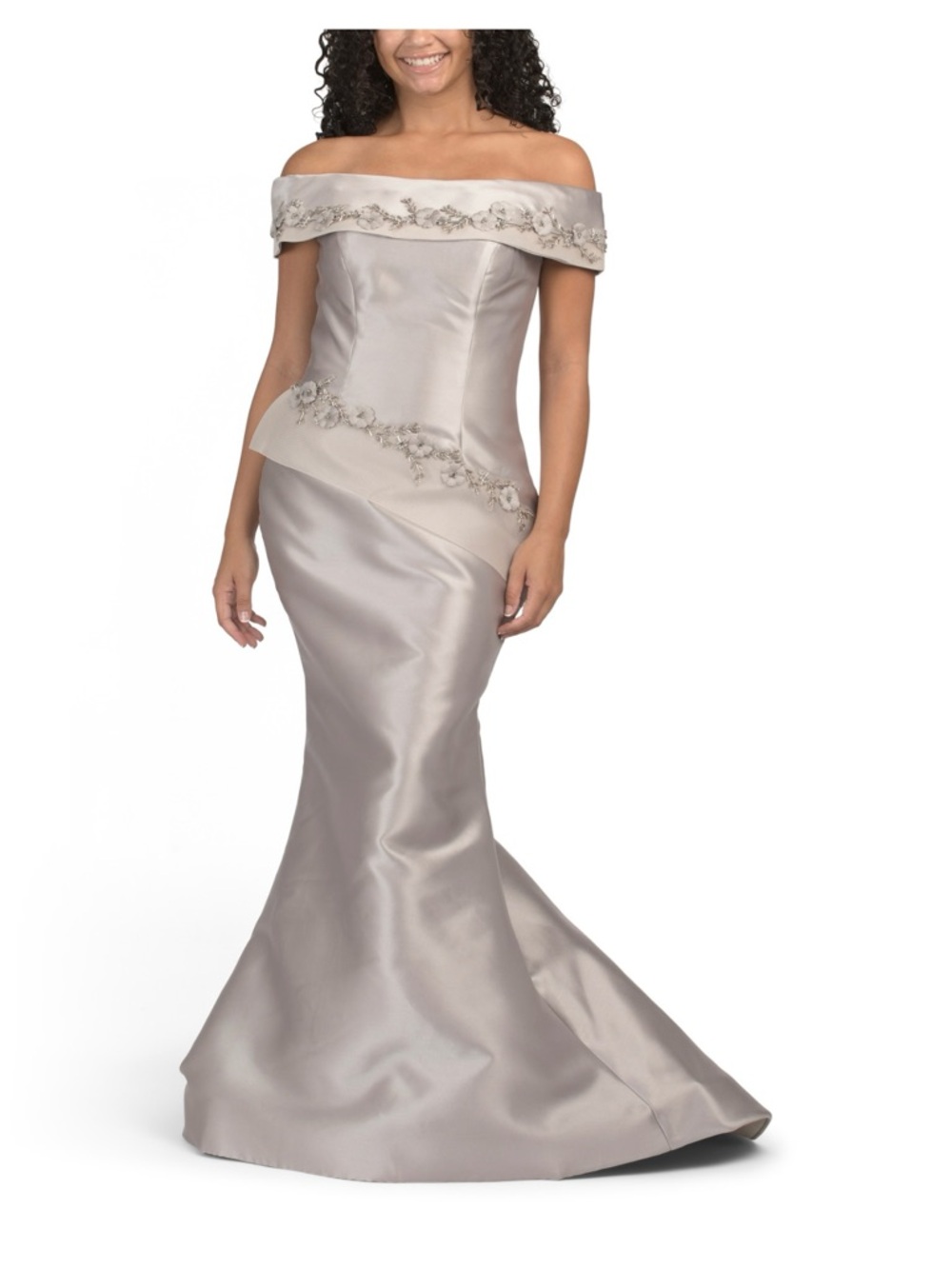 Terani Couture One-Shoulder Satin Evening Gown in Taupe